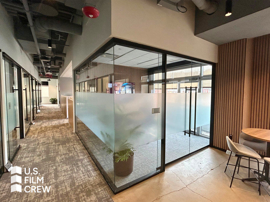 frosted film on a glass wall to offer some privacy from the outside